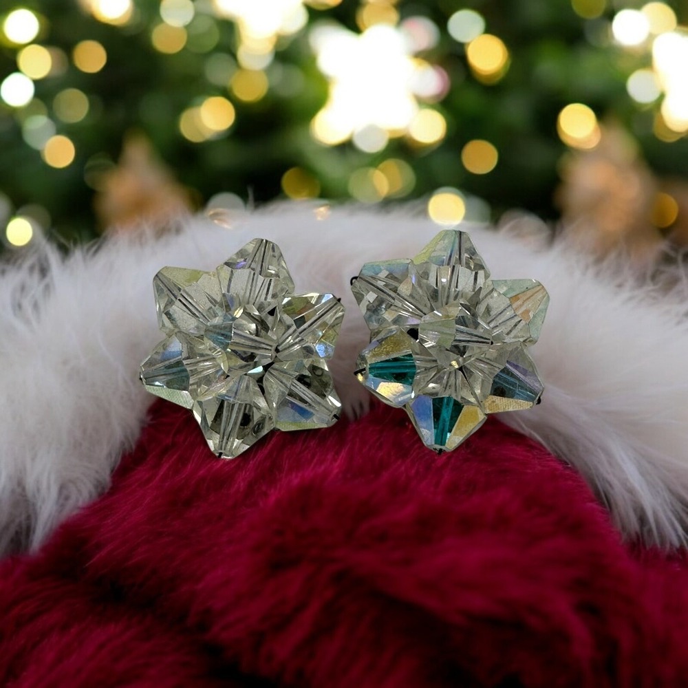 VTG 1950's AURORA BOREALIS CRYSTALS "SNOWFLAKE" CLIP ON EARRINGS